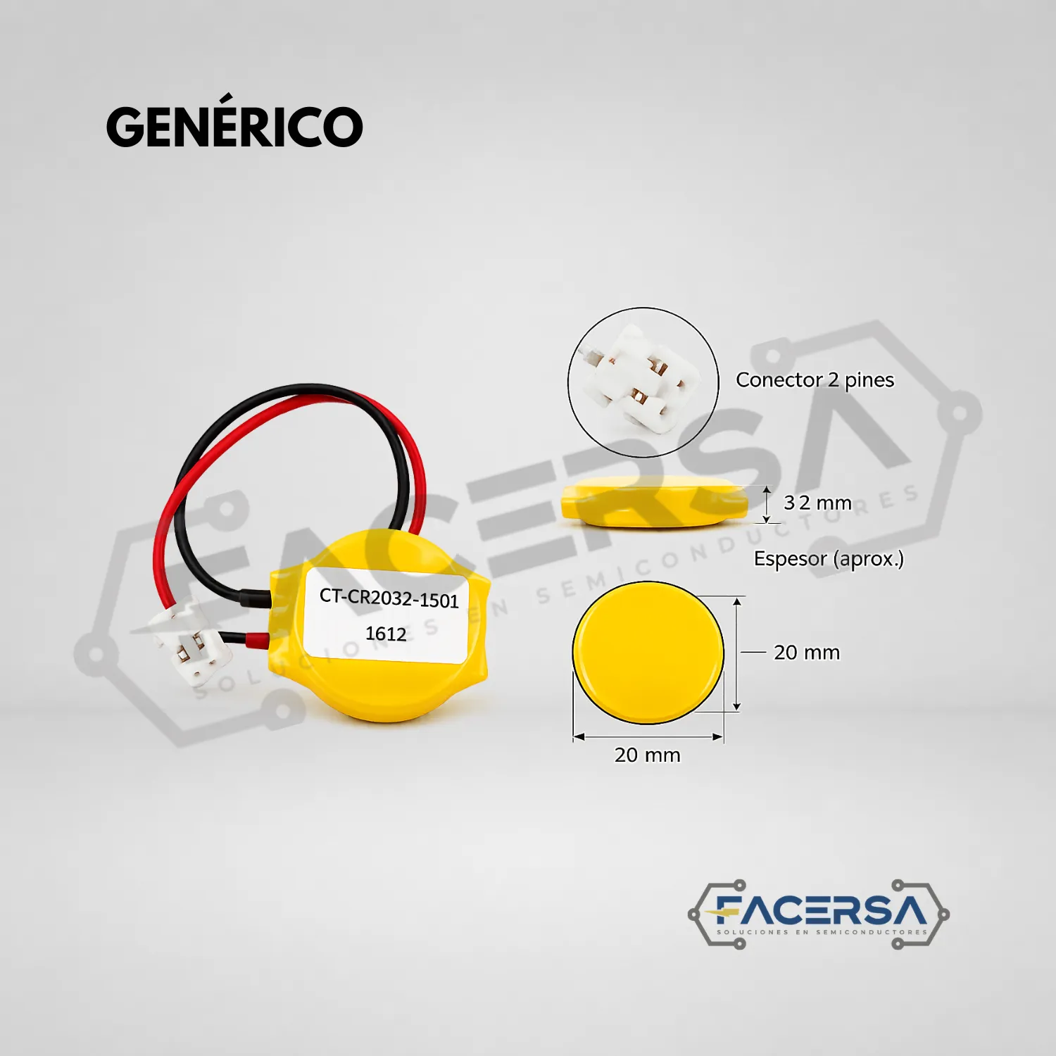Batería CMOS RTC CR2032 Litio 3V 220mAh con Conector | CT-CR2032-1S01 - Imagen 3